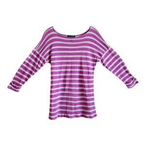 LAUREN RALPH LAUREN Women's M Linen Sweater Pink White Striped, 3/4 Sleeve 36"